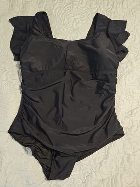 DACI Black One-Piece Swimsuit with Ruffle Cap Sleeve/Shoulders